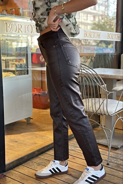 CurcunaShop Women's Leather Look Closed Leg Boyfit Trousers