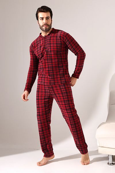 VG BOND MODA Burgundy Stripe Men's Fleece Pajamas Set - Long Sleeve, Front Button Detail Vg108