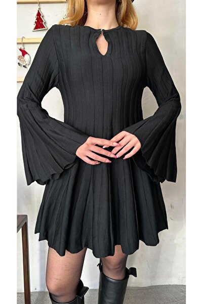 Angel Mia Pileli Triko Elbise Siyah