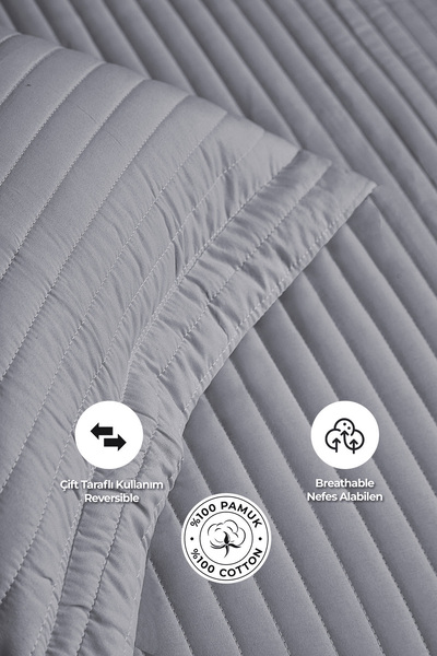 Evlen Home Collection %100 Pamuk Tek Kişilik Kapitone Yatak Örtüsü ( Pike ) Takımı Judy Elyaf Dolgulu Çizgili Gri