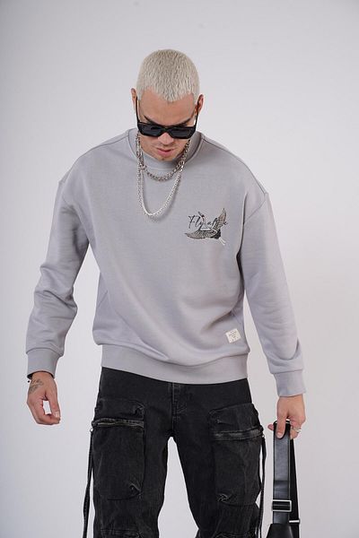 king brich Crew Neck Stork Printed Sweatshirt with Embroidery Detail