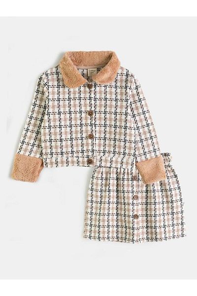 Magu Girl's Plaid Patterned Jacket Skirt Top and Bottom Set
