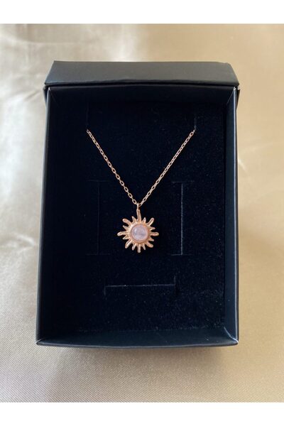 Venüs Doğal Taş Pembe Kuvars Minimal Güneş Rose Gold Kolye