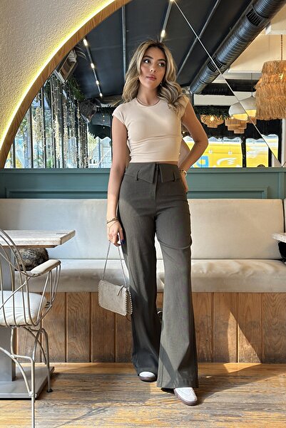 CurcunaShop Kadın Çift Kemer Detaylı Bol Paça Pantolon