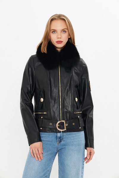 By Marki Marki Genuine Leather Women's Jacket - Special Fur Collar with Belt - Black 63 Cm- 115922