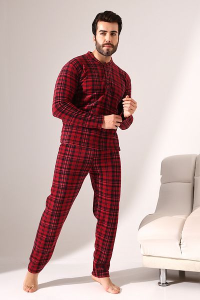 VG BOND MODA Burgundy Stripe Men's Fleece Pajamas Set - Long Sleeve, Front Button Detail Vg108