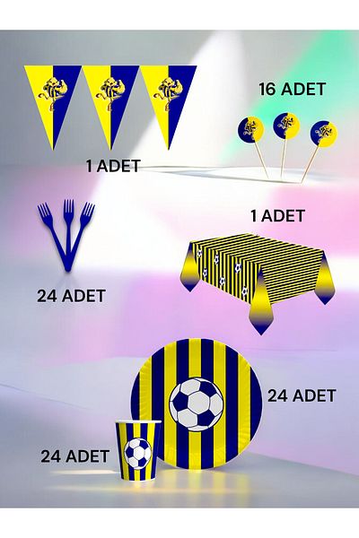 VibeHome 32-Person Navy Blue Yellow Fan Premium Set - Birthday Party and Fun Events