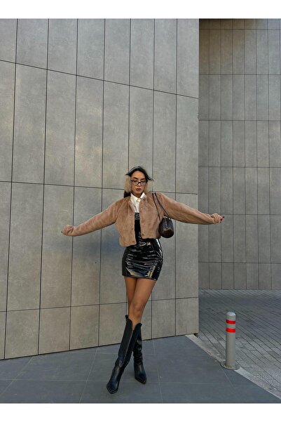 minaaise Kadın Vizon Astarlı Yakasız Kısa Kürk Kaban 28363