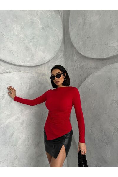 NEHİRGÜNEŞ Asimetrik kesim Drape detaylı ZR model Kadın Bluz