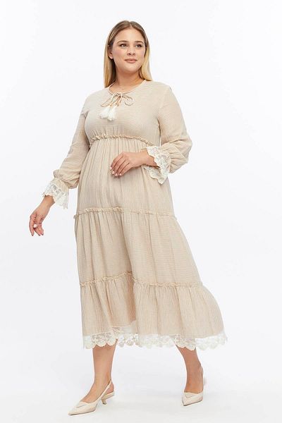 Zer Otantik Beige Striped Muslin Lace Detailed Dress