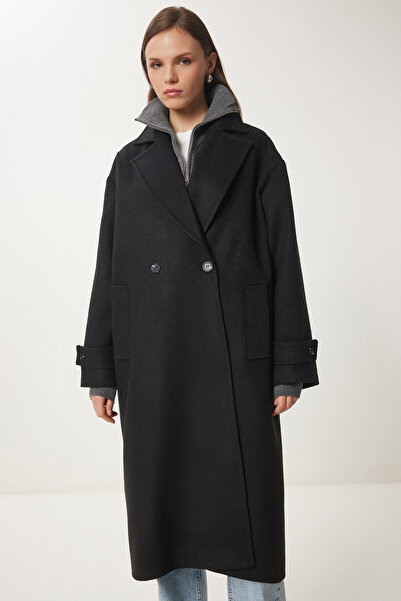 Lovelyİstanbul Palton cu guler dublu negru LDP0030