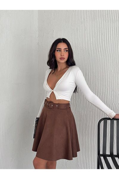 Ozy Fashion Дамска тъмнокафява миди велурена пола с колан
