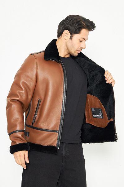 By Marki Marki Genuine Nubuck Leather Pilot Coat - Fur Inside, Bomber Collar - Tan 75 cm - 500622
