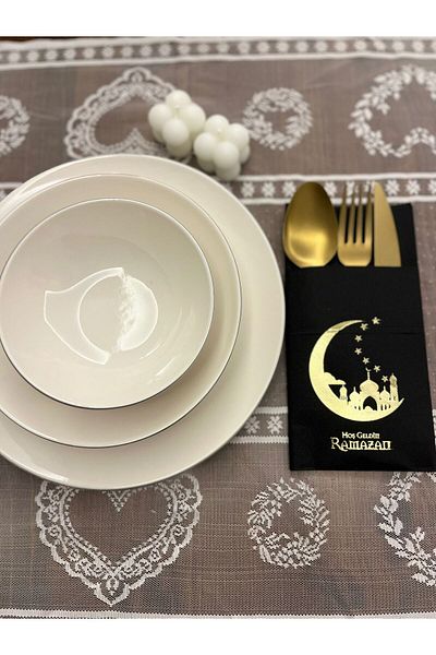 kidspartim Set of 12 - Black Napkins with Gold Gild, Ramadan New Moon Pattern, Pocket
