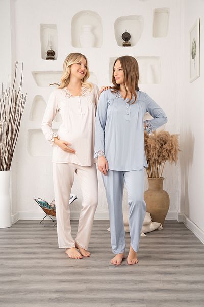 Pelin Women's Powder Muslim Design Long Sleeve Maternity Dressing Gown 3-Piece Pajamas Set