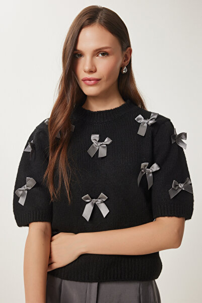 Lovelyİstanbul Bluză cu mânecă scurtă cu fundă tricotată NEGRU LDP0031