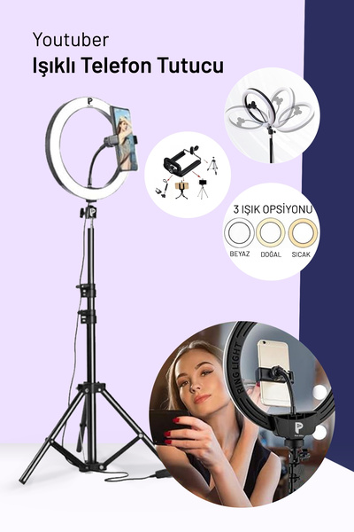 post alley 10"inç Ring Light 120 Ledli 24w Led Işıklı Halka + Yaylı Telefon Tutacağı Youtuber Tiktok 2.10