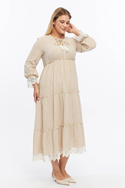 Zer Otantik Çizgili Müslin Dantel Detaylı Elbise Bej