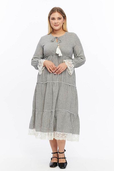 Zer Otantik Black Muslin Stripe and Lace Detail Dress