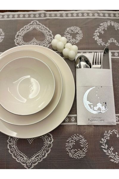 kidspartim Ramadan and New Moon Patterned - Silver Gilded White Napkin Set of 12