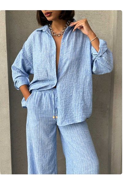 Semesia Women's Oversize Silver Glitter Striped Linen Blended Premium Bottom Top Suit