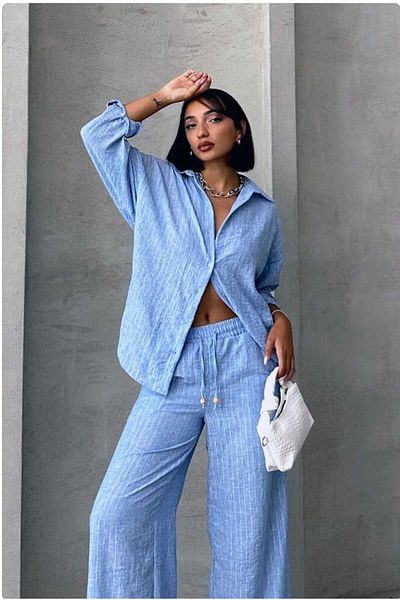 Semesia Women's Oversize Silver Glitter Striped Linen Blended Premium Bottom Top Suit