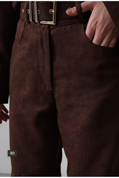 GUELES Kemerli Trend Süet Bol Paça Pantolon