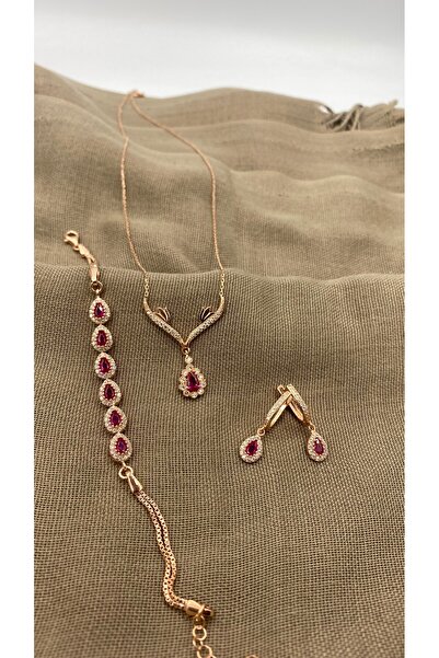 SURA SILVER KIRMIZI DAMLA MODEL ZİRKON TAŞLI 925 AYAR ROSE GÜMÜŞ SET (KOLYE,B...