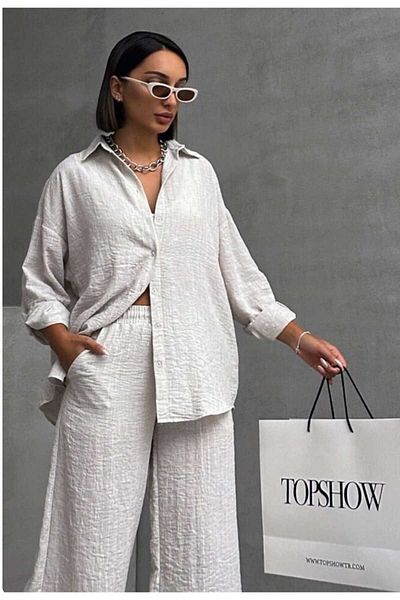 Semesia Women's Oversize Silver Glitter Striped Linen Blended Premium Bottom Top Suit