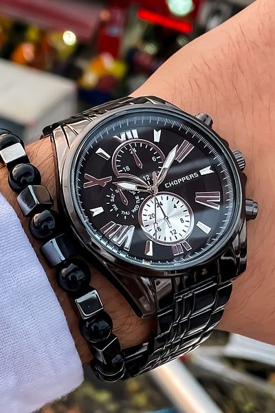 Choppers ساعة يد رجالية بسوار معدني لون أسود من نيو سيزون + سوار هدية