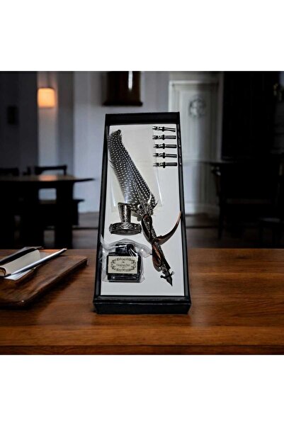 Menuzer Orijinal Kuş Tüyü Divit Kalem Mürekkep Hokka Seti Orta Boy