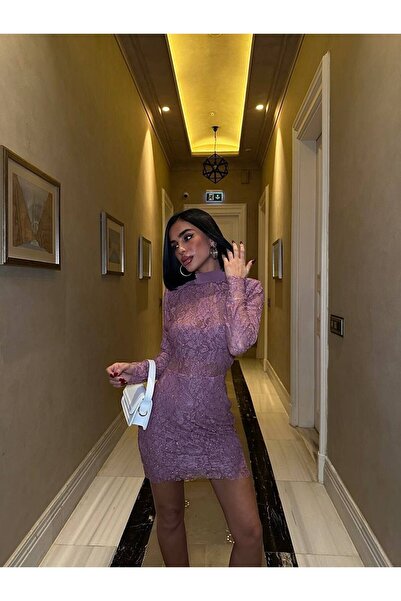 S&A Collectionn Kadın Simli Kumaş Astarlı Dantelli Transparan Mini Elbise