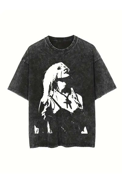 Touz Moda Πλένεται πορτραίτο με στάμπα Unisex Oversize Vintage T-shirt
