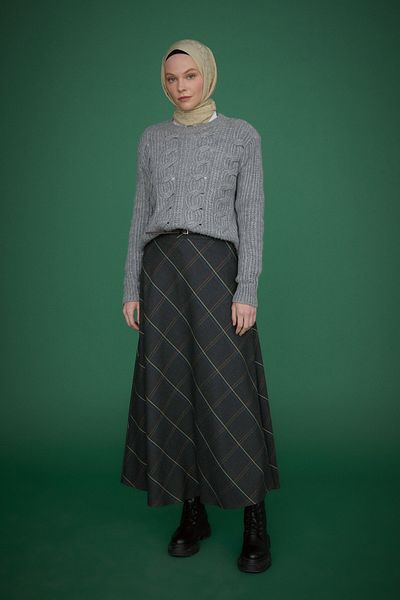 Nihan Smoked Plaid Flared Belted Skirt