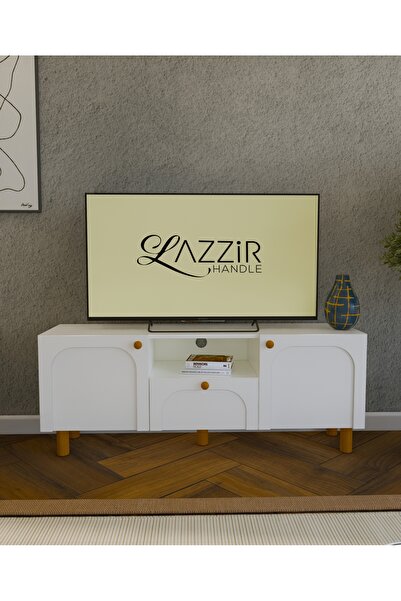 lazzir handle Mdf Bohem Tv Ünitesi-(mebran Kapak Kubbeli Ortası Açık)-(beyaz)-(120 Cm)-(yuvarlak Ayaklı)