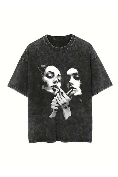 Touz Moda Πλένεται Distressed Printed Unisex Oversize Vintage T-shirt