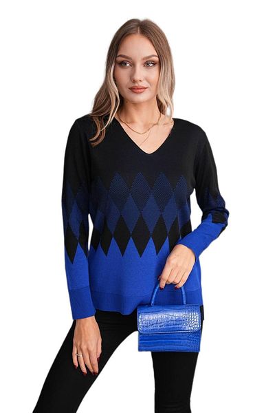 lavella Women's V-Neck Diamond Pattern Sweater 12807 Bgl-St04104
