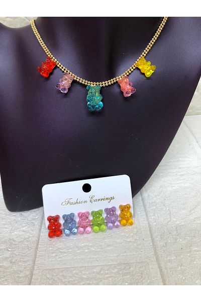sema aksesuar Colorful 6 Pieces Jelibon Teddy Bear Earrings Set and Necklace Set - New Year Christmas Gift