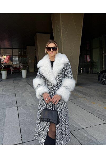 1Moda1Tarz Γυναικείο υφασμάτινο καρό μοτίβο πέτρινη γούνα Λεπτομέρεια Ζωντανή επένδυση Ειδικού Σχεδιασμού Παλτό