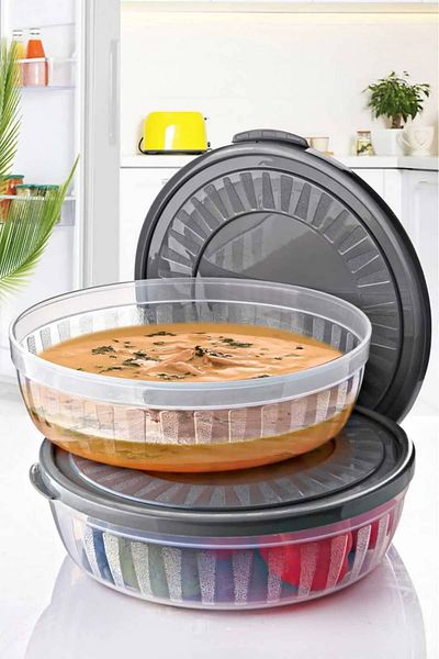 MEDUSHOP 2-Piece Round Storage Set with 4 Lt Capacity - Microwave and Freeze Compatible, Gray and Clear Bottom
