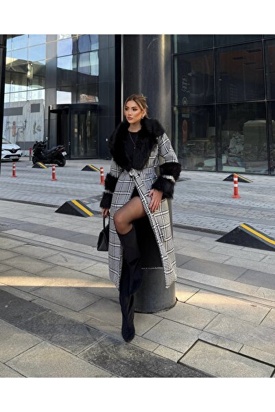 1Moda1Tarz Women's Imported Fabric Checkered Pattern Stone Fur Detail Belted Lined Special Design Coat