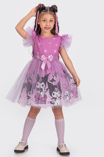 Minik Dolap Rochie de petrecere pentru fete din tul cu imprimeu Kuromi și My Melody