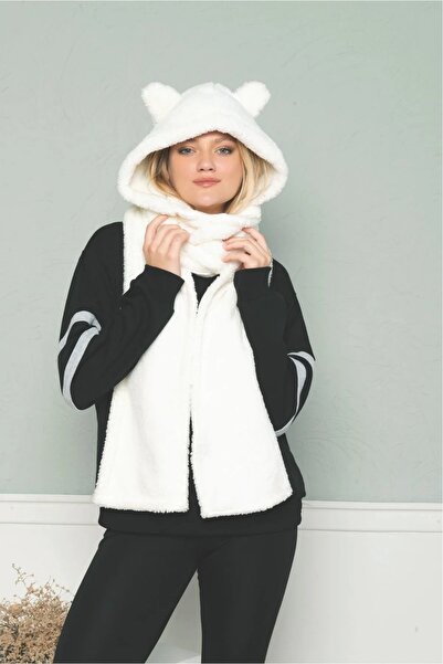 İpek Tekstil Winter Bear Hat Kerchief Versatile Cute Plush Ear Protection Scarf