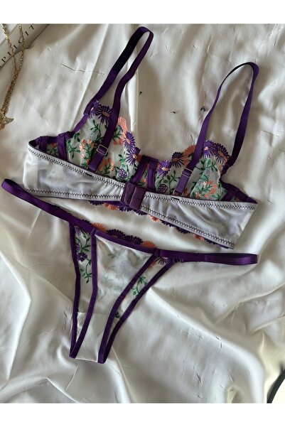 ROZENİN LINGERIE Μωβ Πράσινη Δαντέλα Σετ σουτιέν από τούλι χωρίς καπάκι (ΣΟΥΤΙΕΝ ΣΤΡΙΝΓΚ)