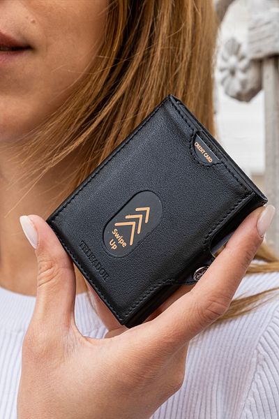 Trusador Valencia Μαύρο νόμισμα με τσέπη Unisex Γνήσιο δέρμα Rfid Protect Ανδρικό Γυναικείο Μίνι πορτοφόλι