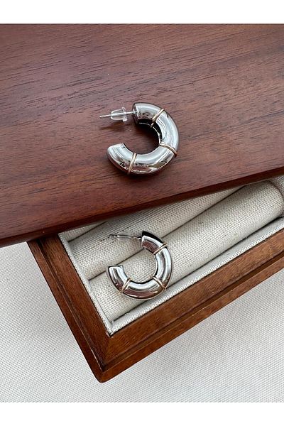 Jerie Silver Gold Line Detail Curved Hoop Earrings