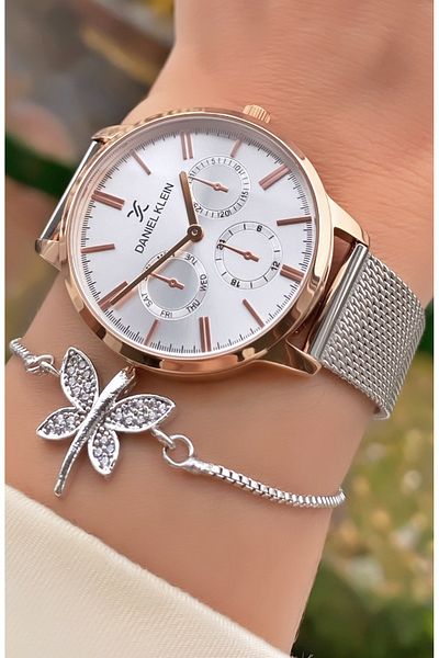 Daniel Klein Brand Rose Silver Color Women's Wristwatch - Bracelet Gift