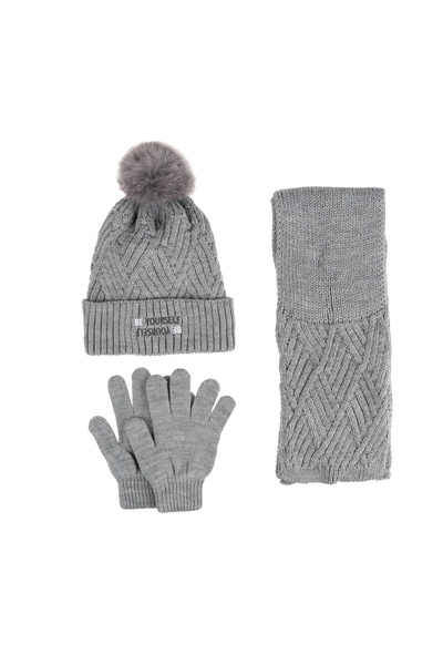 Kitti 9-15 Yaş Garson 3'lü Takım Kız Atkı, Eldiven ve Şapka Set Içi Polarlı