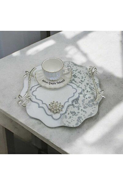 Altın Çeyiz Tekstil İncili Broş Detaylı 6'lı Sunumluk Kokteyl Kahve Peçetesi