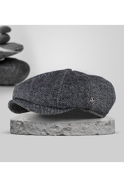 KARNAS ŞAPKA Men's Personality Fabric - Gray Black Striped Dolphin Stamp with Anti-Sweat Stitching Satin Lined Cap Hat